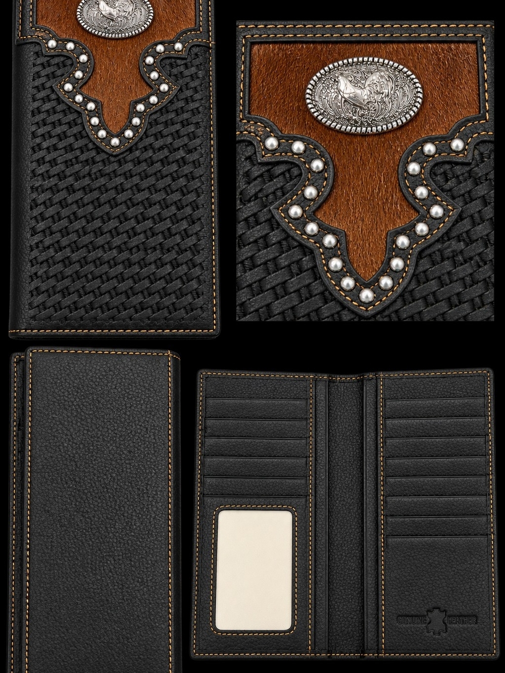Genuine Leather Black & Brown Men’s Long Wallet with Concho Accent